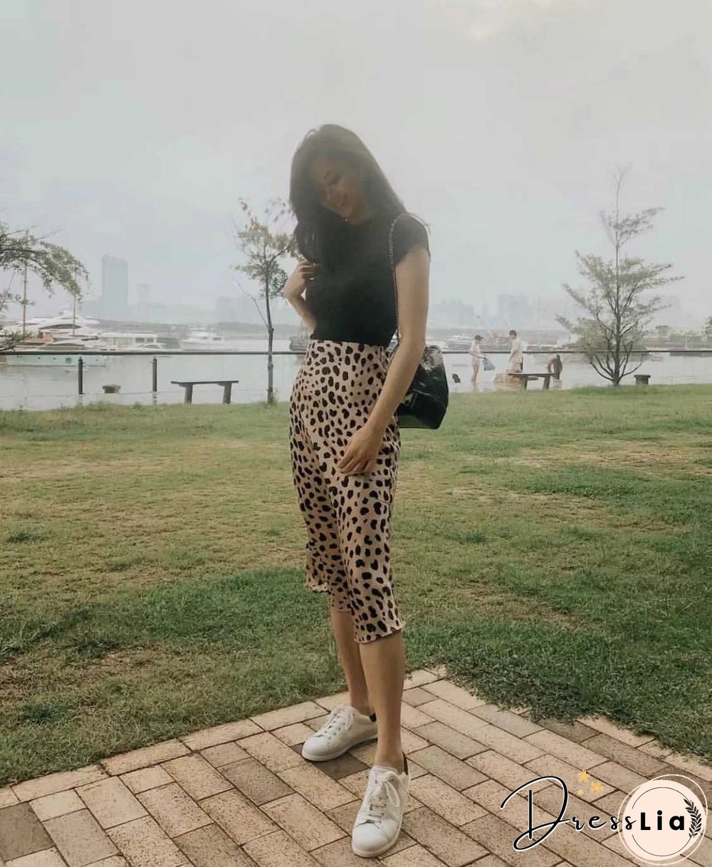 Retro Elastic Band High Waisted Leopard Print Satin Midi Skirt