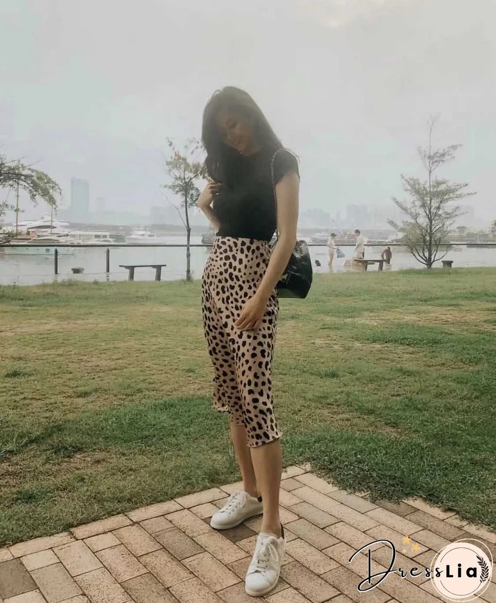 Retro Elastic Band High Waisted Leopard Print Satin Midi Skirt