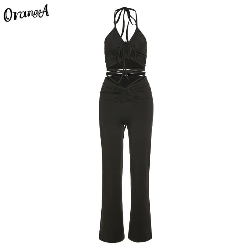 OrangeA women halter bandage v-neck sleeveless ruched tops sweatpants solid matching set sexy clubwear stretchy skinny bodycon