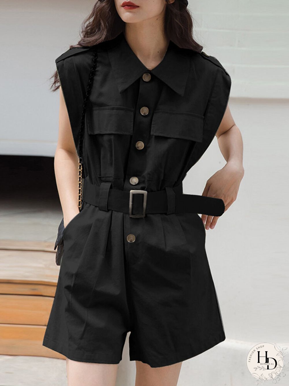 Solid Belt Pocket Button Lapel Short Sleeve Cargo Romper