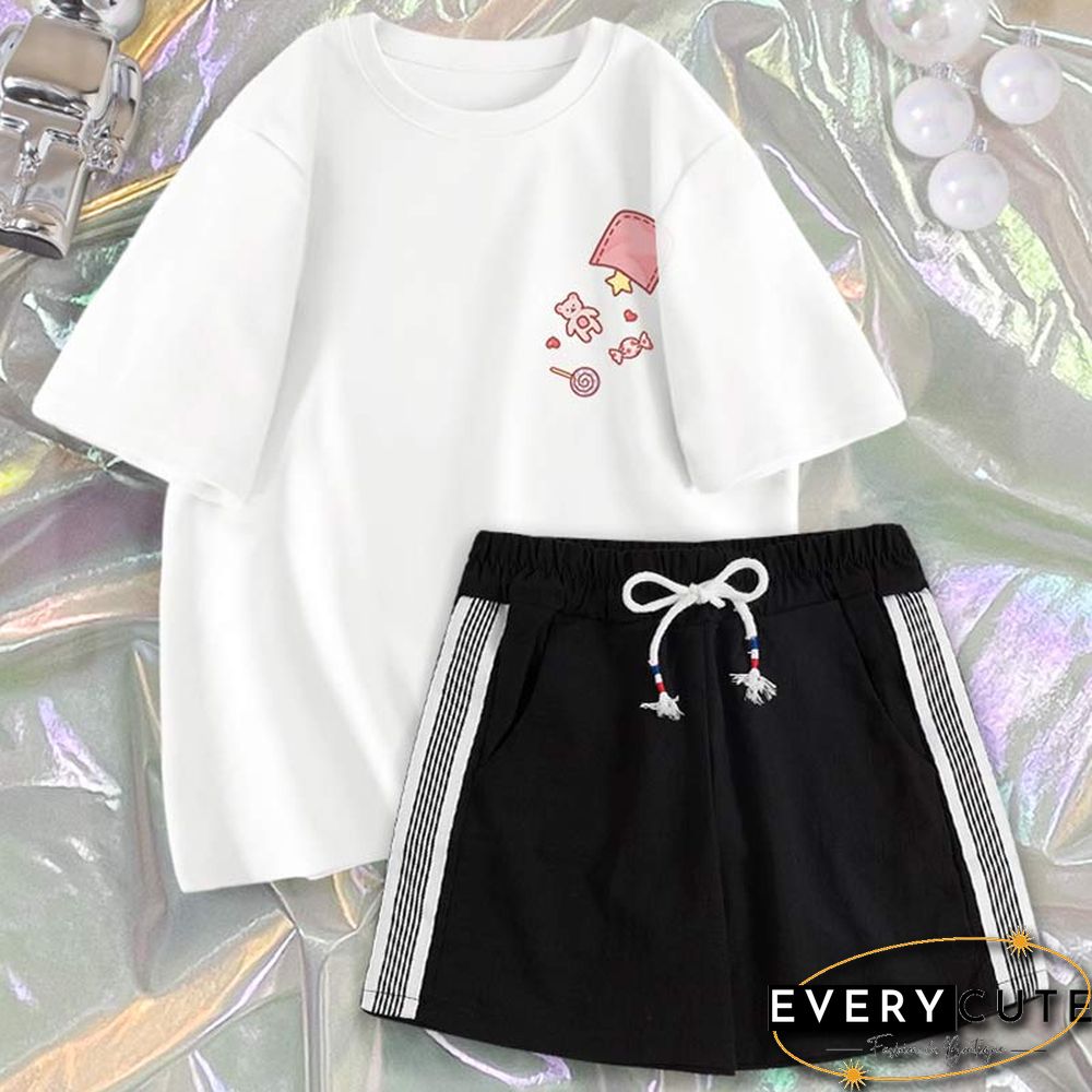 Cartoon Print Casual T-Shirt Shorts Set