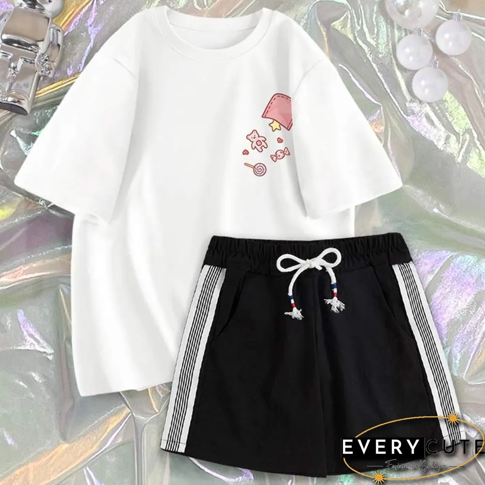 Cartoon Print Casual T-Shirt Shorts Set