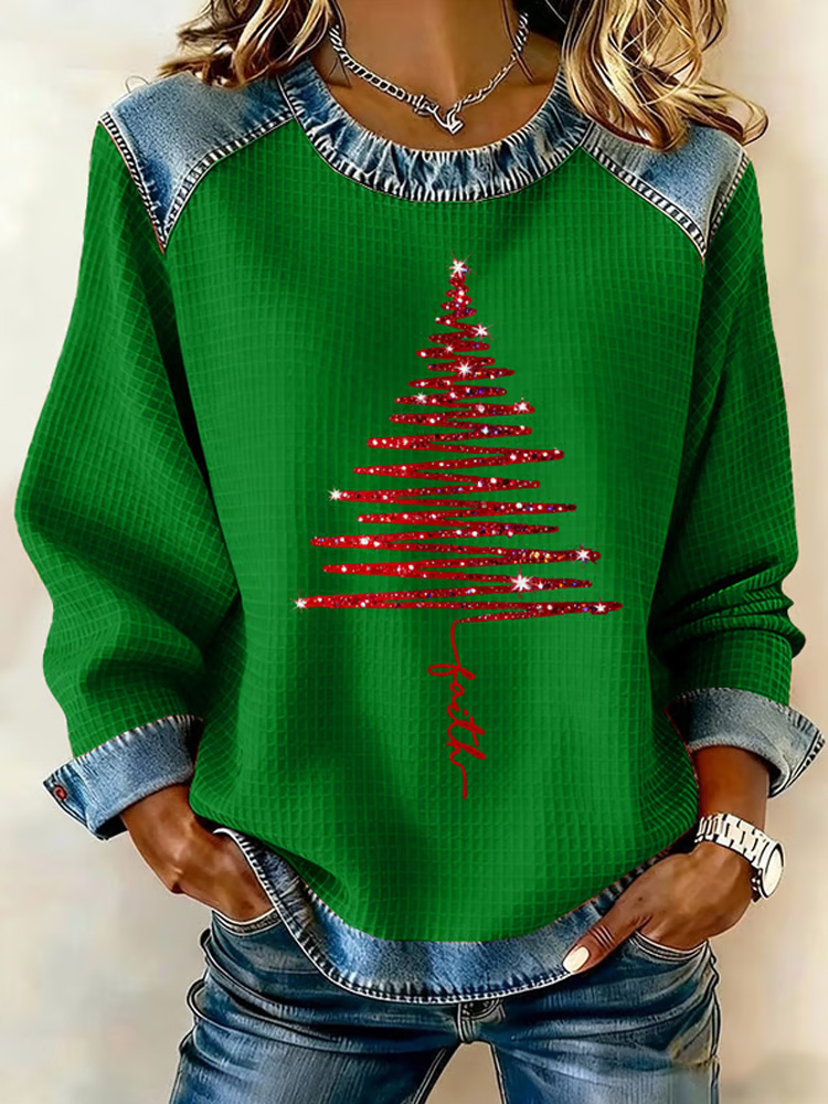 Women's Christmas Waffle Crew Neck Casual Sweatshirt wearshes