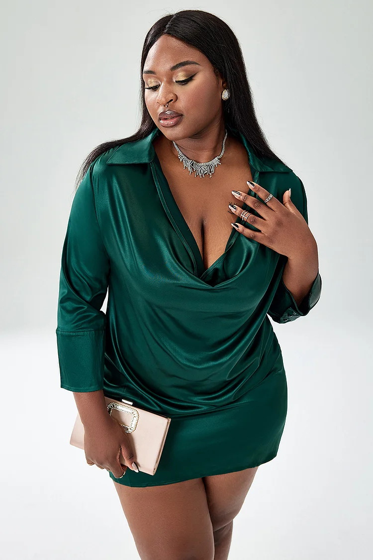 Xpluswear Design Plus Size Emerald Green Party Satin Turndown Collar Plunging Neck Draped Mini Dress