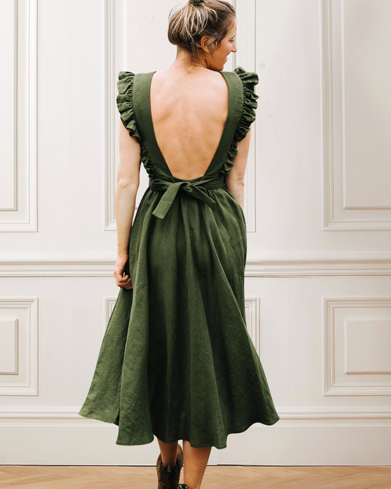 Rotimia Backless Ruffled Sleeves Linen Dress