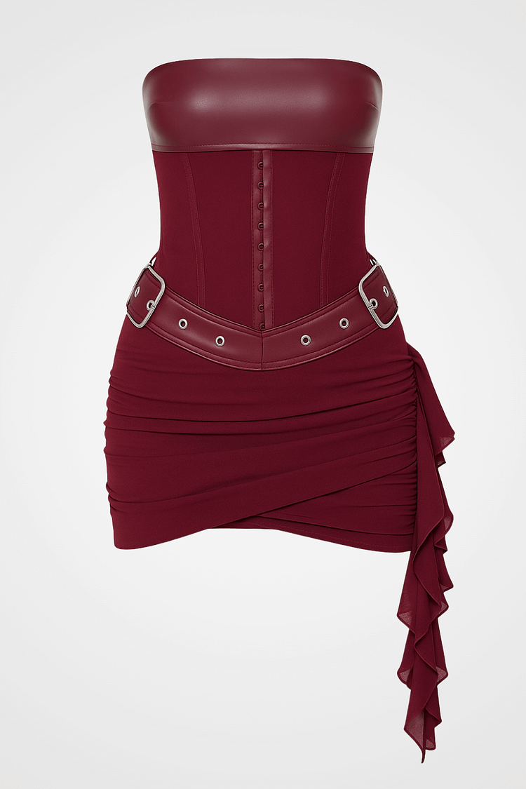 Strapless Buckle Corset Ruched Mini Skirt 2Pcs Matching Set-Burgundy