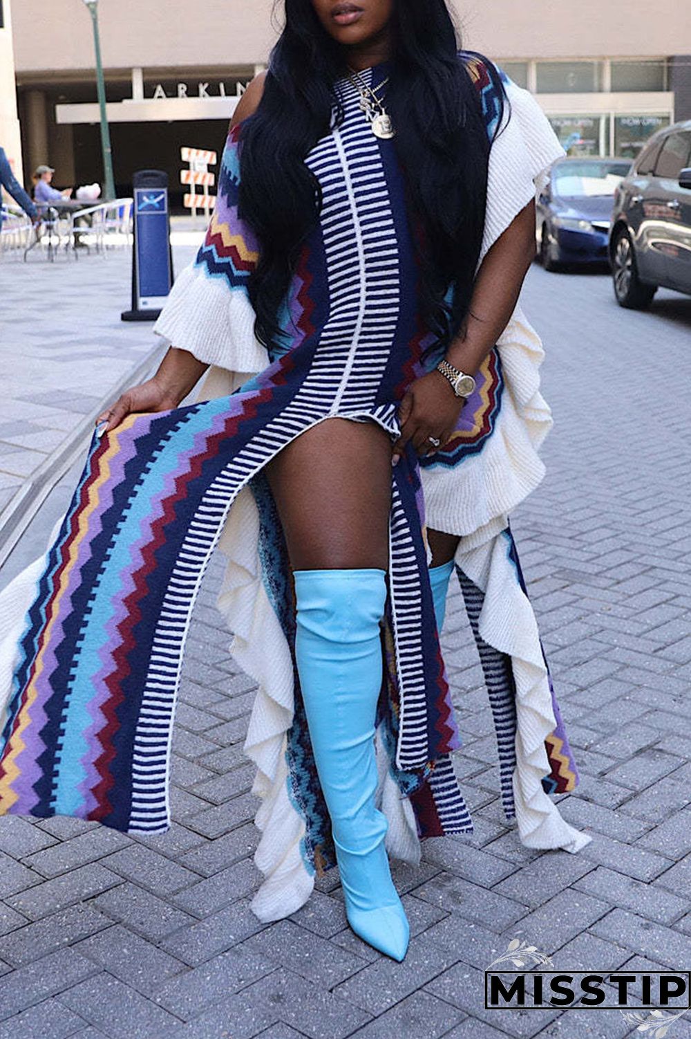 Blue Casual Print Patchwork Flounce Slit O Neck Straight Dresses