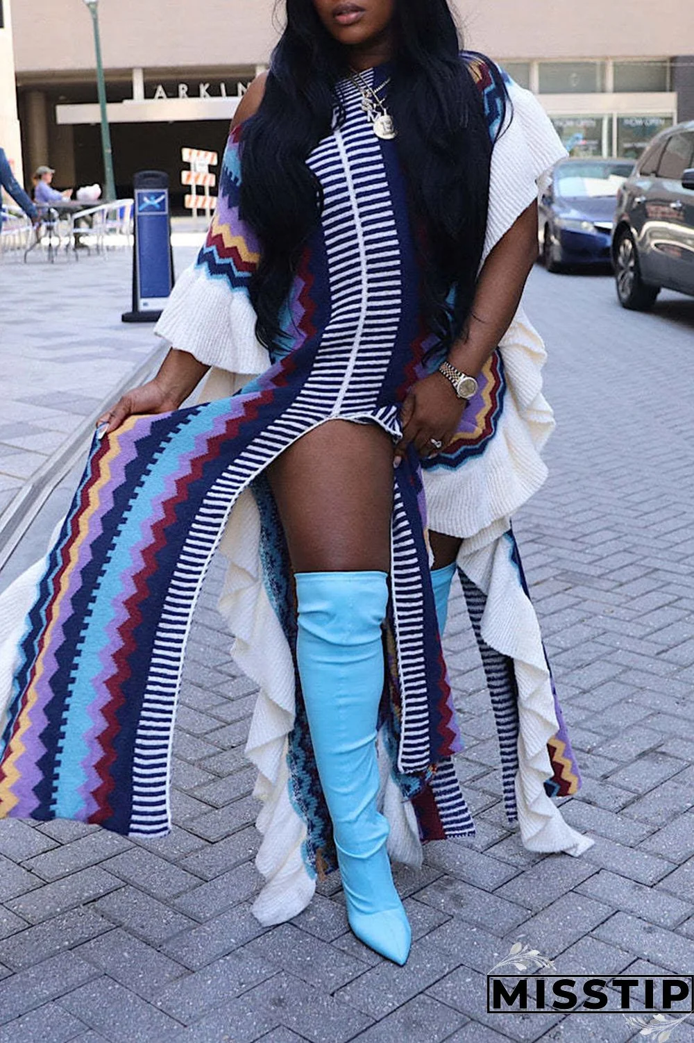 Blue Casual Print Patchwork Flounce Slit O Neck Straight Dresses