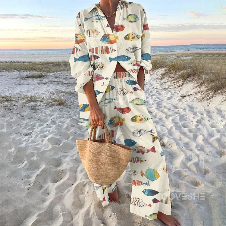 Women's Colorful Fish Printed Shirt & Pants Two-piece Set