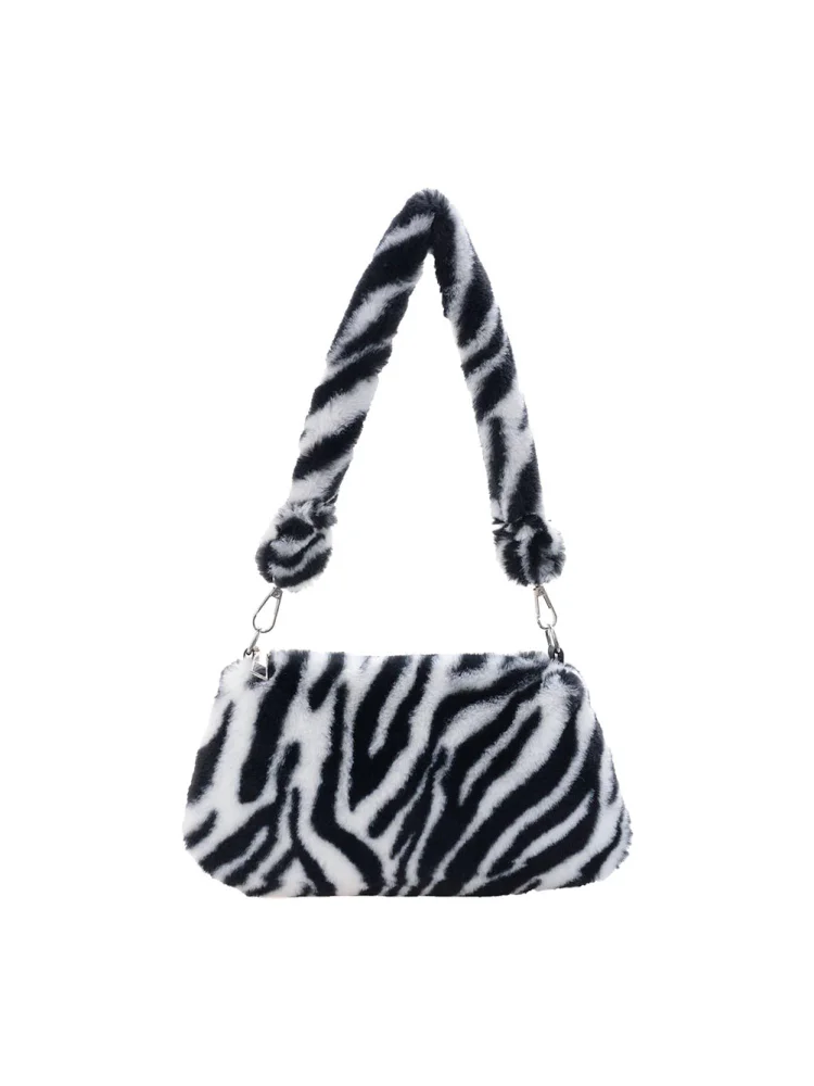 Portable Plush Shoulder Handbag Women Animal Print Underarm Bag Purse (4)