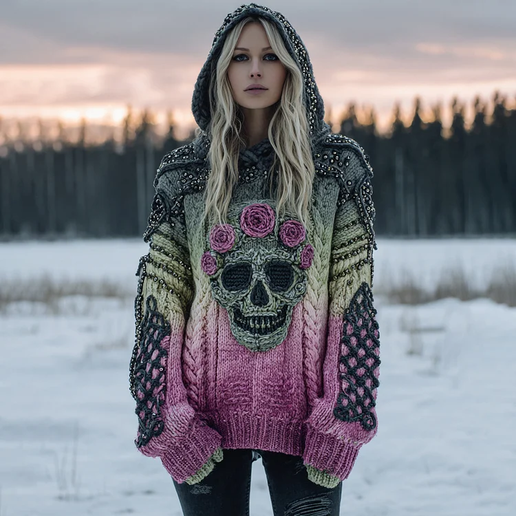 Women's Vintage Skull Flower Gradient Art Cozy Knitted Hooded Cardigan
