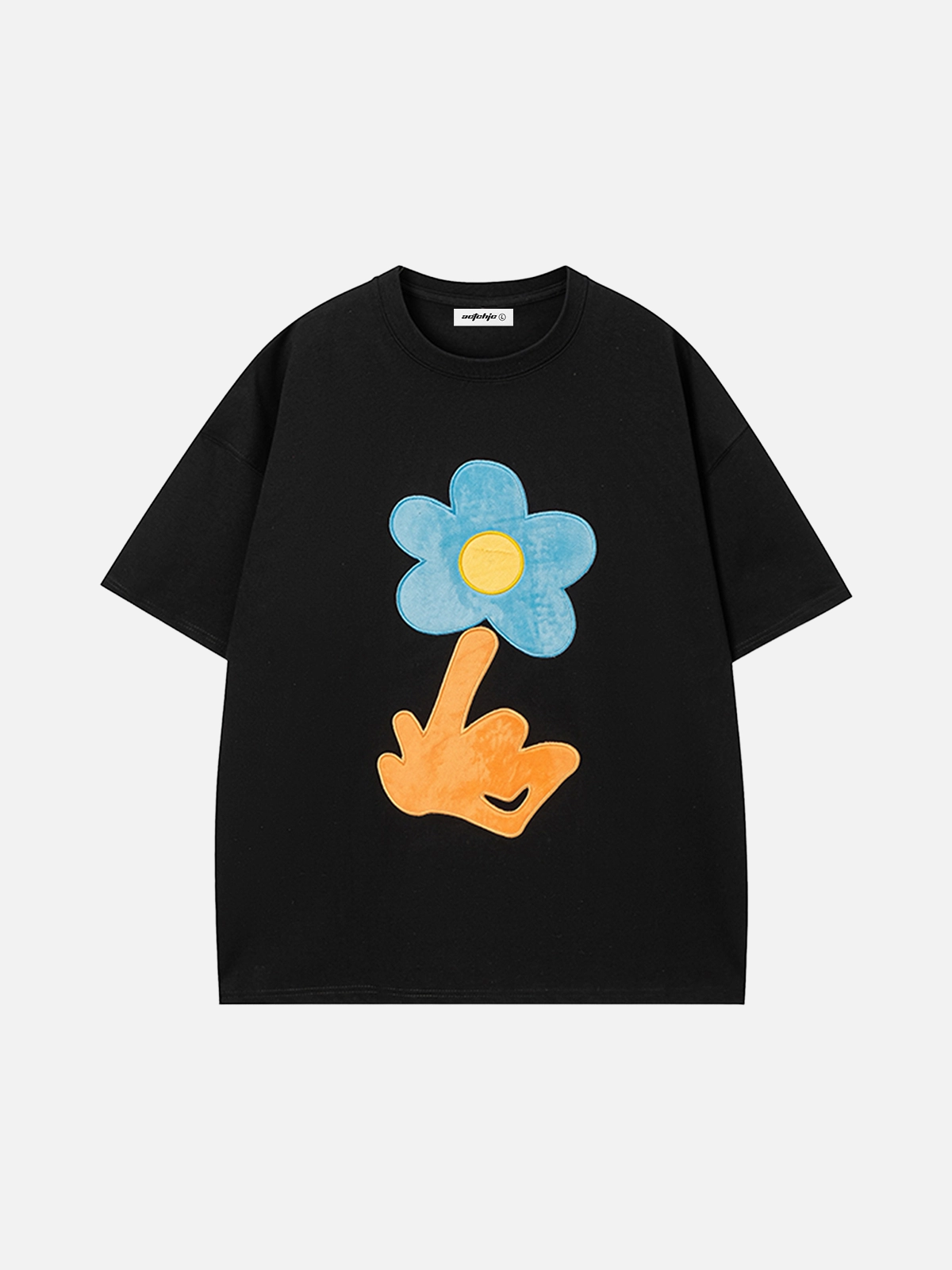 Black Act Chic Vintage Flocked Flower Short Sleeve Tee Front