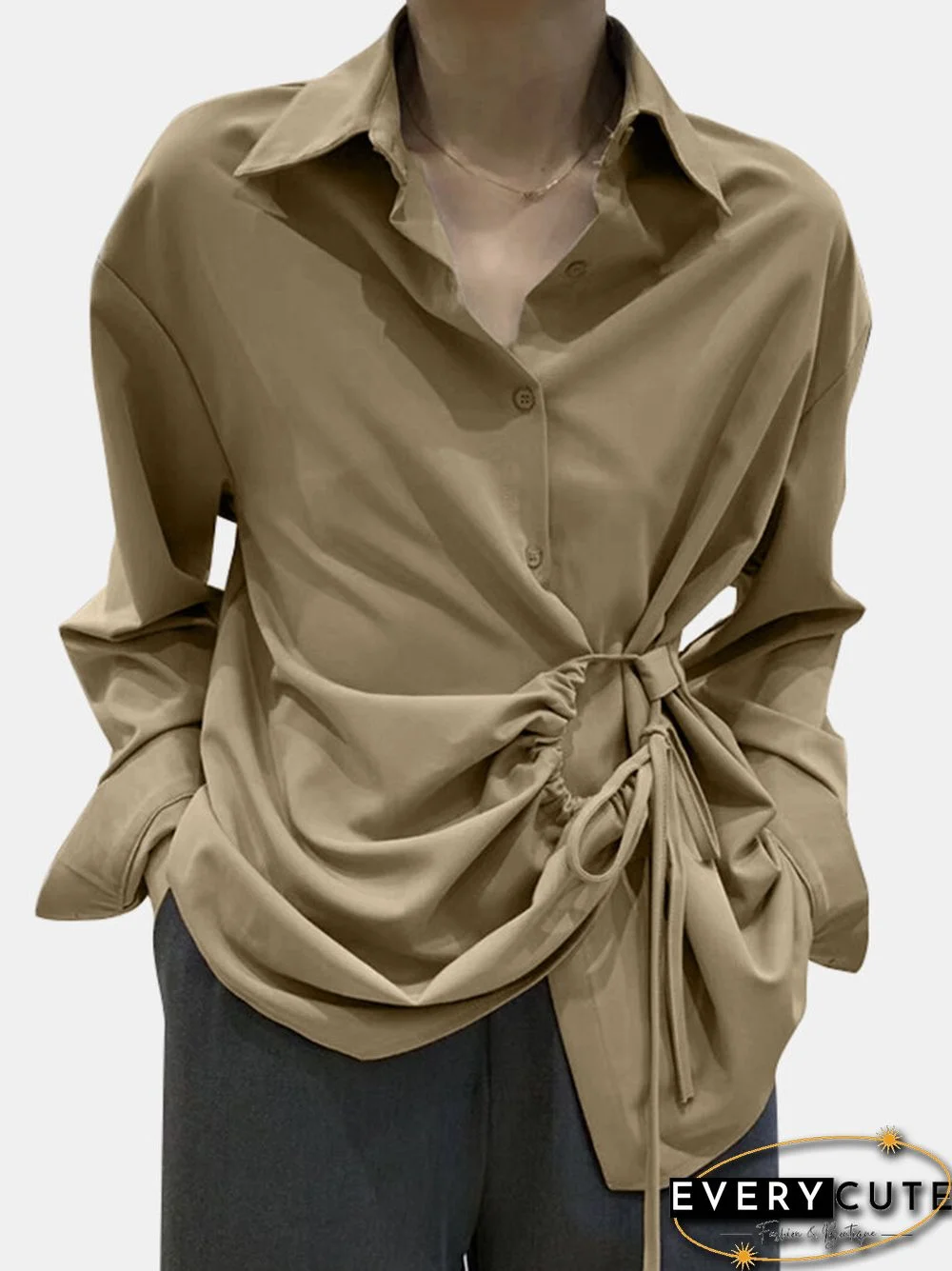 Solid Color Lace Up Turn down Collar Long Sleeve Irregular Shirt P1710631