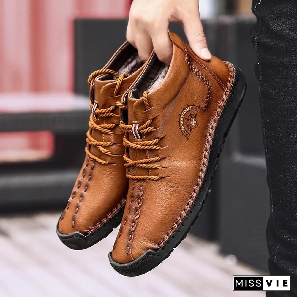 Warm Mens Boots Working Tactical Boots Split Leather Ankle Boots Plush Snow Boots Lace-up Winter Shoes