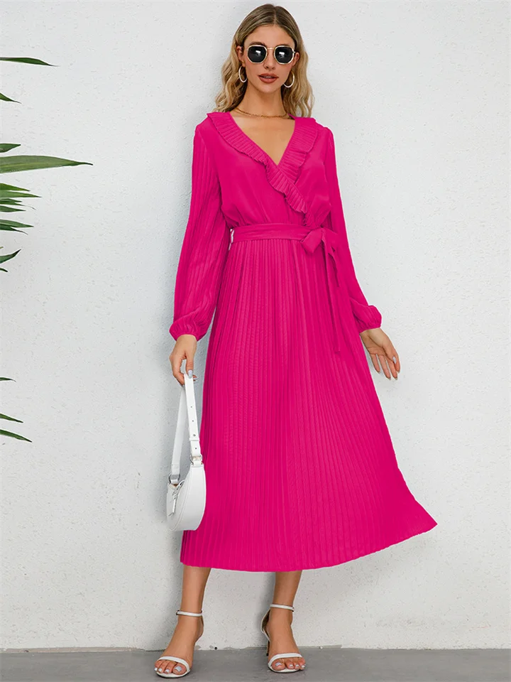 Fall and Winter New Ruffled V-neck Long-sleeved Pleated Long Dress Slim Temperament Dresses for Women-Cosfine