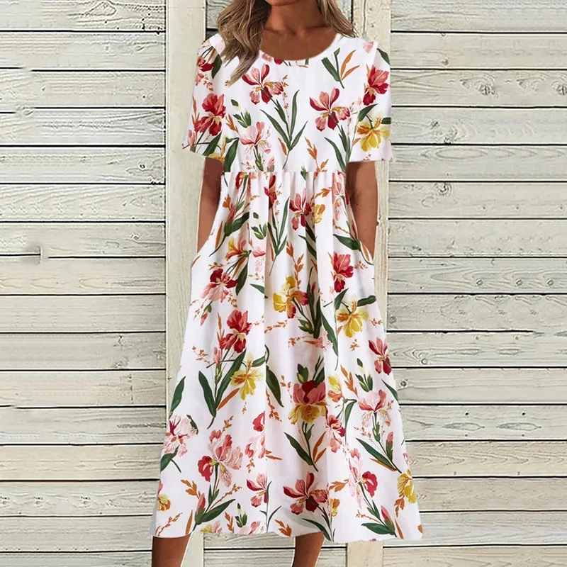 Casual Pocket Short Sleeve Floral Print Maxi Dress