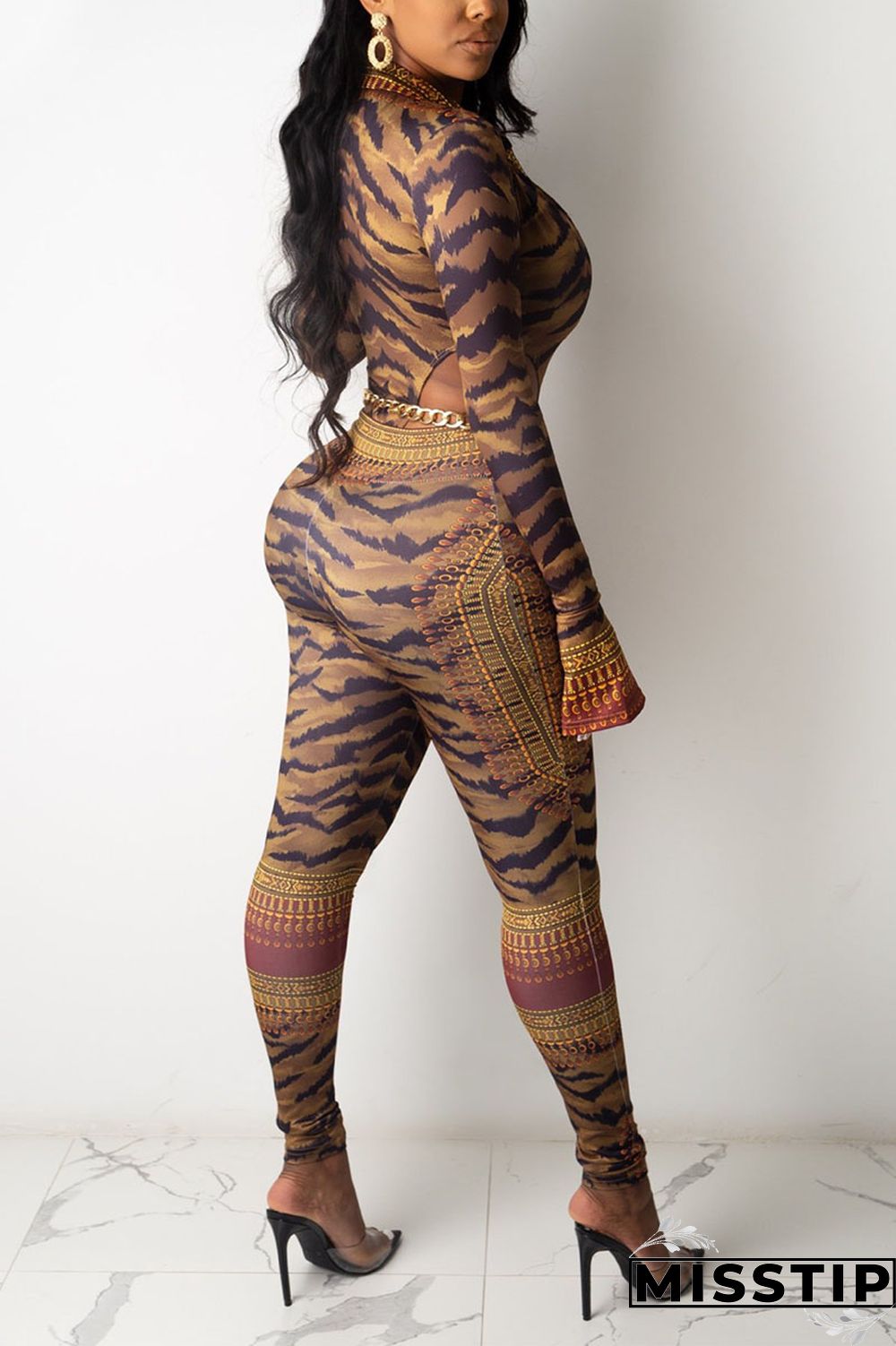 Leopard Print Sexy Print Patchwork Buttons O Neck Long Sleeve Two Pieces