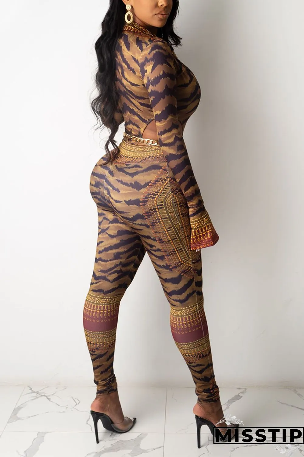 Leopard Print Sexy Print Patchwork Buttons O Neck Long Sleeve Two Pieces