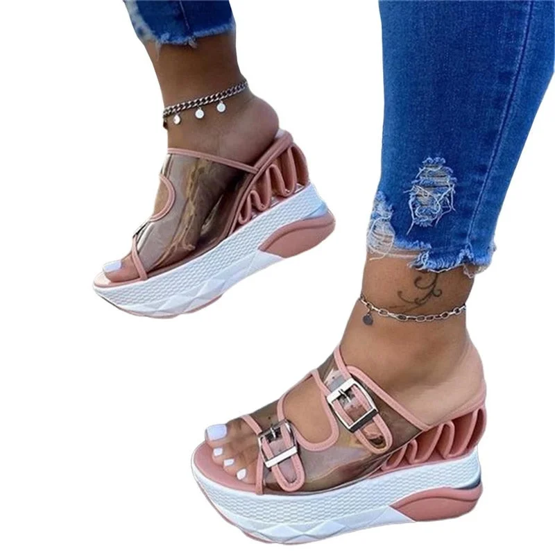 2021 Summer Woman Sandals Female Wedge Belt Buckle Transparent High Heel Large Size Shoes Platform Waterprooof Fashion Slipper