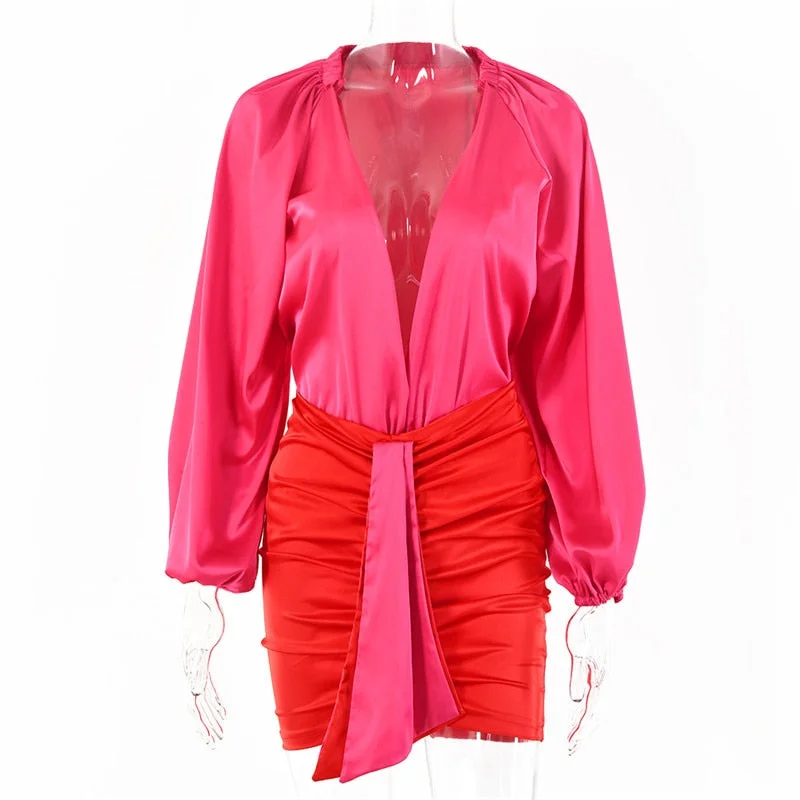 Articat Sexy Deep V-neck Satin Two Piece Set Women Long Sleeve Top Short Skirt Sets Matching Casual Partywear Winter Women Set