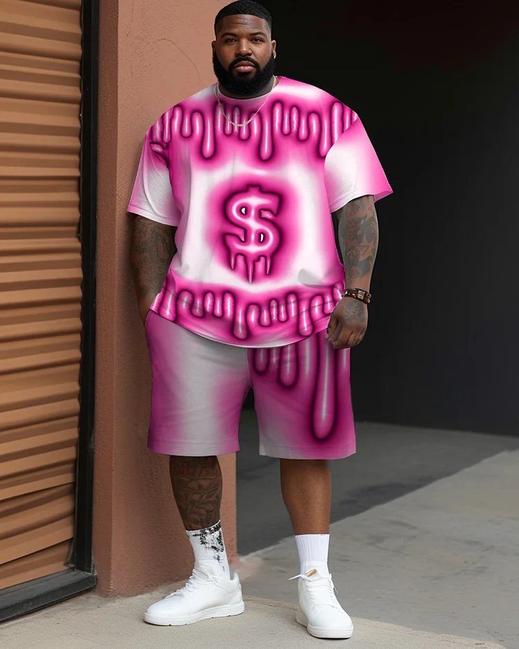 Men's Large Size Street Cartoon Color Block Pink Gold Coin Graffiti Short-Sleeved Shorts Suit
