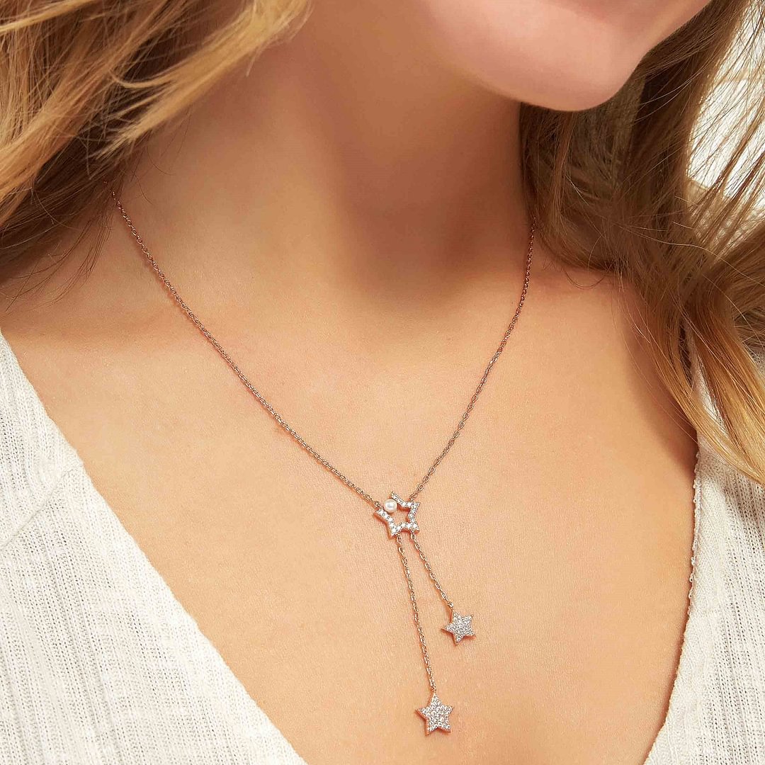Shooting Stars Feature Pearl Rose Gold Necklace