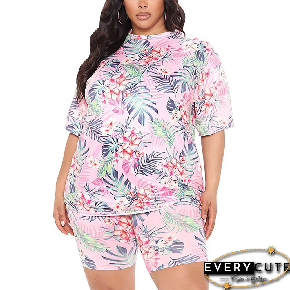 Light Pink Floral Print Loungewear Plus Size Set