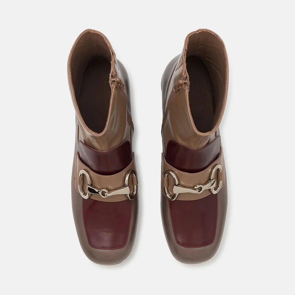 Brown & Maroon Round Toe Zipper Bit Buckle Platform Short Booties