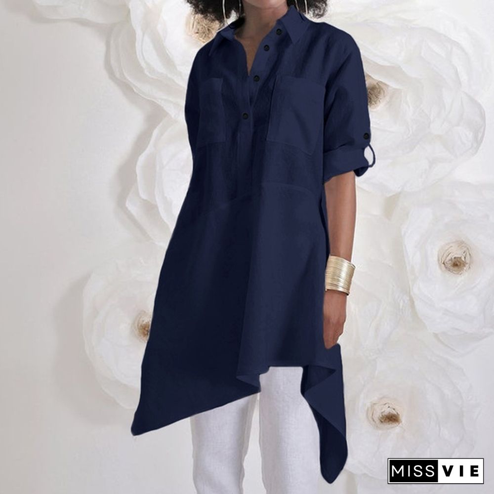 Womens Autumn Casual Long Shirt Irregular Hem Sleeve Turn Down Collar Loose Blouse Plus