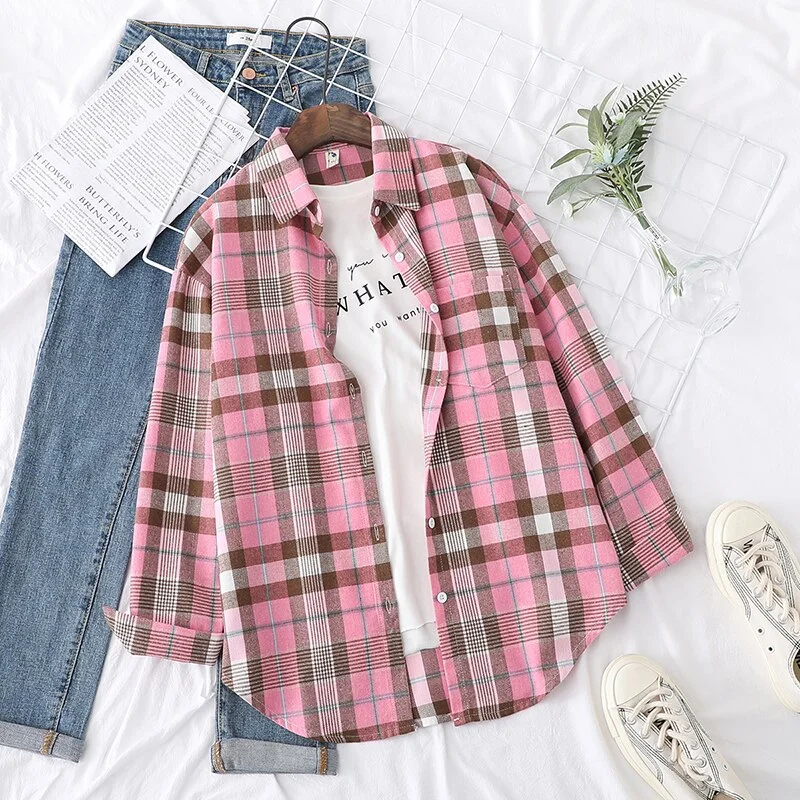 2021 New Long Sleeve Loose Casual Womens Plaid Shirt Fine Fresh College Style Design Blouses And Tops Female Checked Clothes