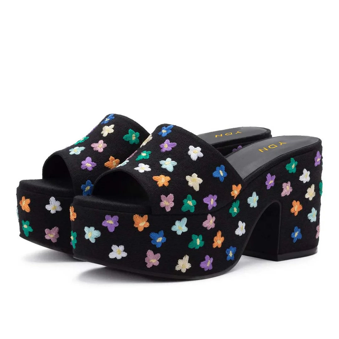 Black Open-Toe Multicolor Flower Embroidery Slides with Platform