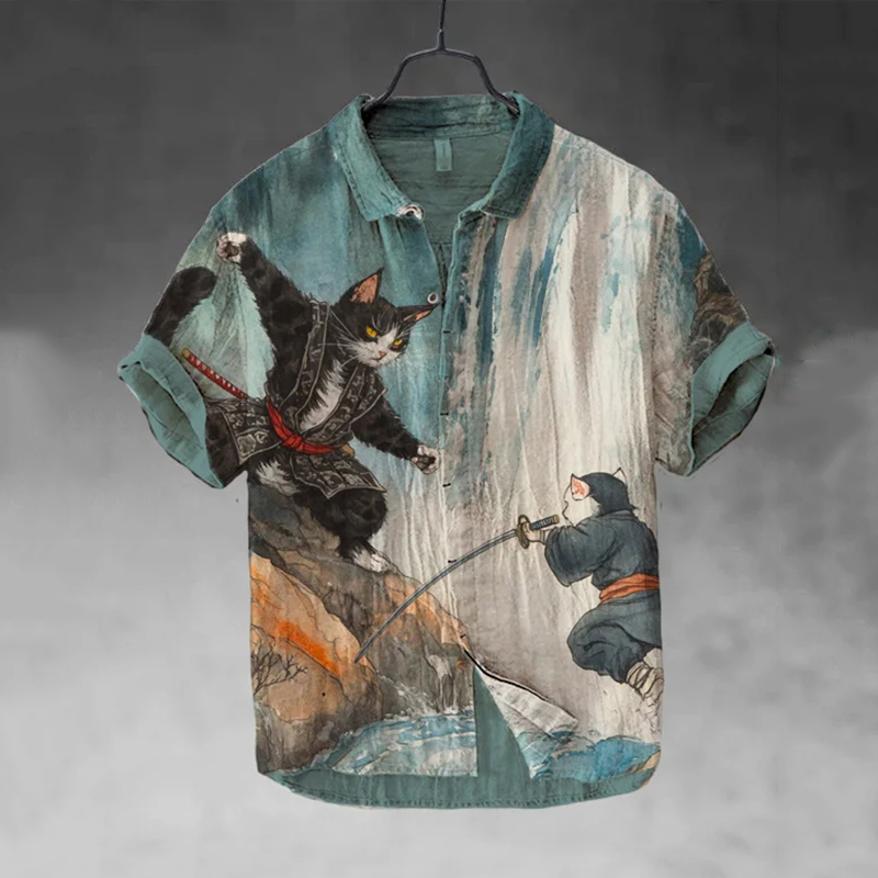 Men's Retro  Japanese Samurai Cats Fight Art Casual Short Sleeve Shirts