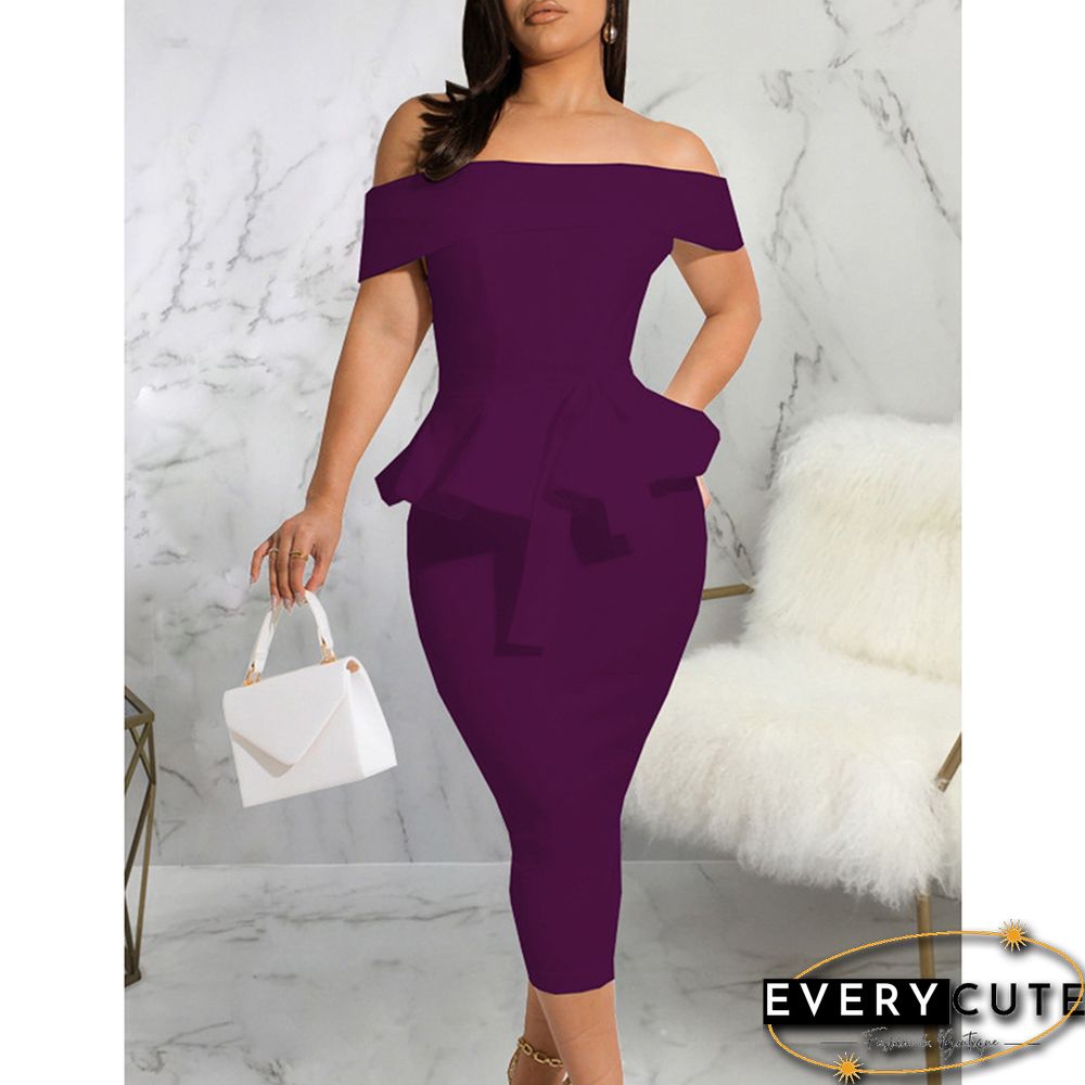 Purple Off the Shoulder Ruffle Bodycon Midi Dress