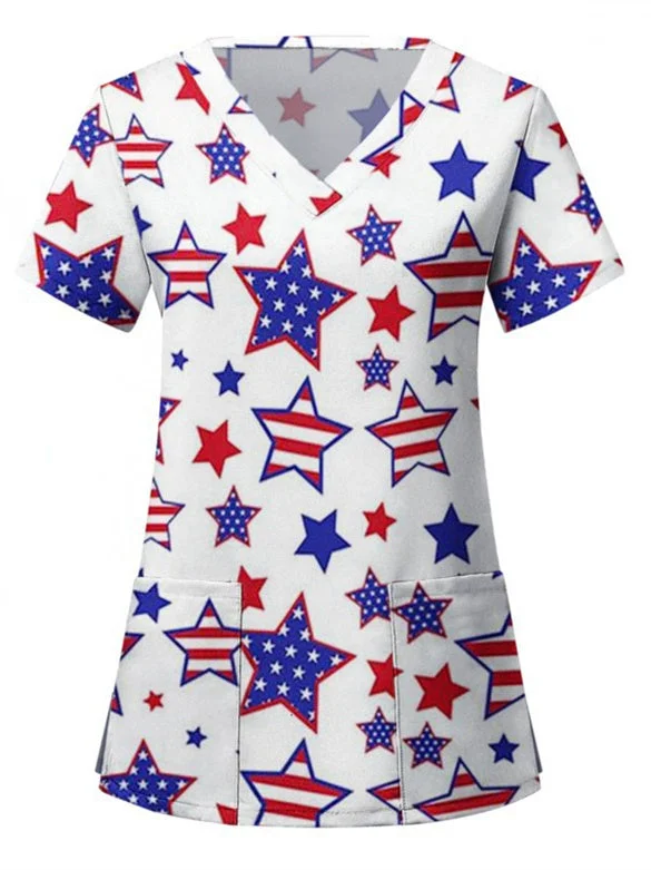Women's USA Flag Printed Pocket Design Short Sleeve V-neck Loose T-shirt