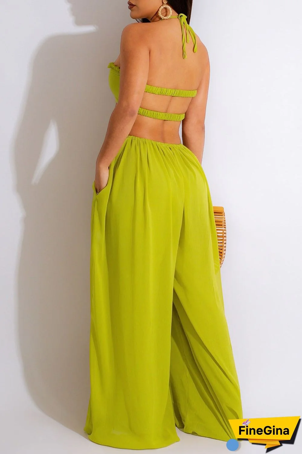 Orange Sexy Solid Patchwork Backless Halter Straight Jumpsuits