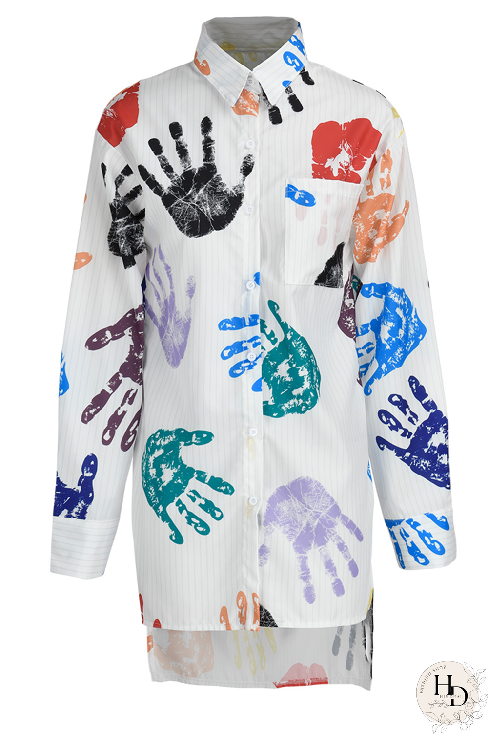 White Casual Print Patchwork Turndown Collar Tops