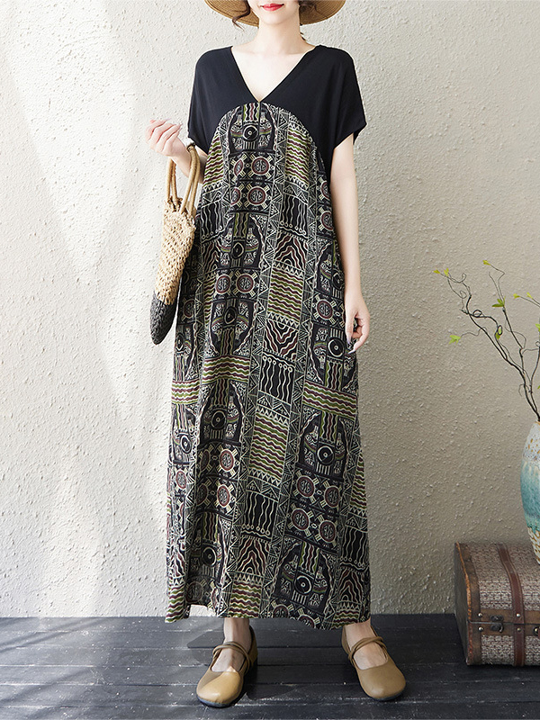 Bohemian Style Patchwork V Neck Maxi Dress