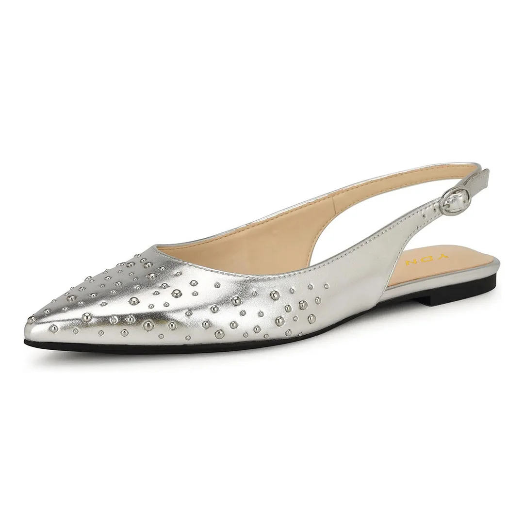 Silver Vegan Leather Slingback Pointed Toe Studded Flat Shoes Women