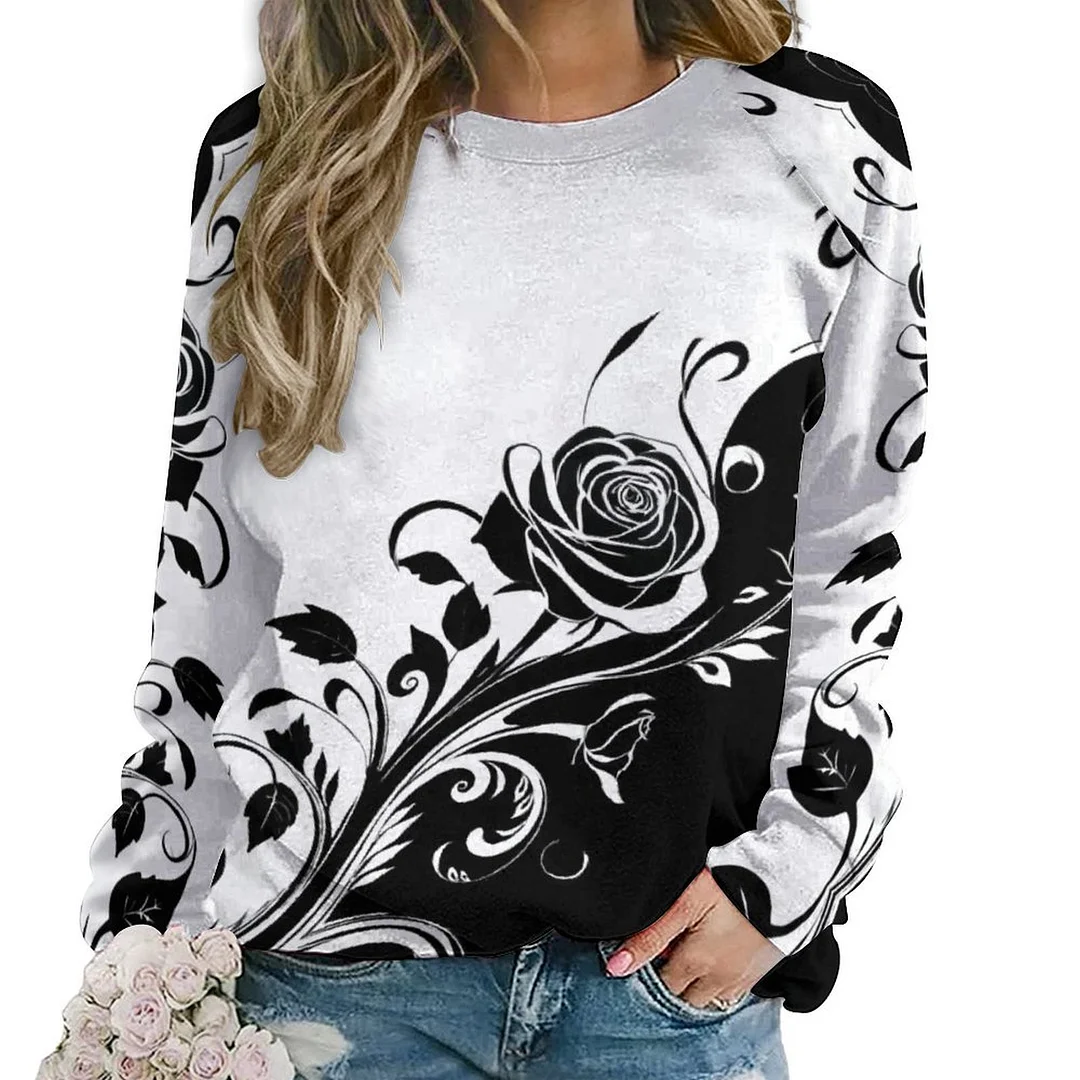 Printed Long Sleeve Casual Sweatshirt for  Women and Men Unisex Pattern Rose, White, Black