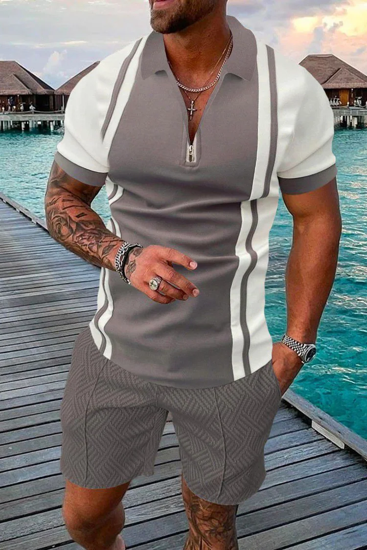 Tiboyz Men's Fashion Outfits Colorblock Casual Polo And Shorts Set