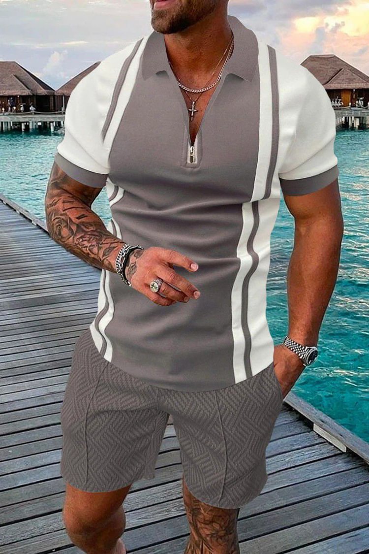 Tiboyz Men's Fashion Outfits Colorblock Casual Polo And Shorts Set