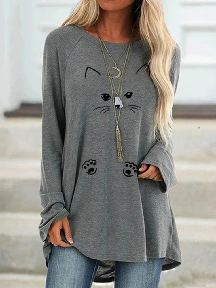 Lovely Cat Face Printed Long-Sleeve Tee Dress