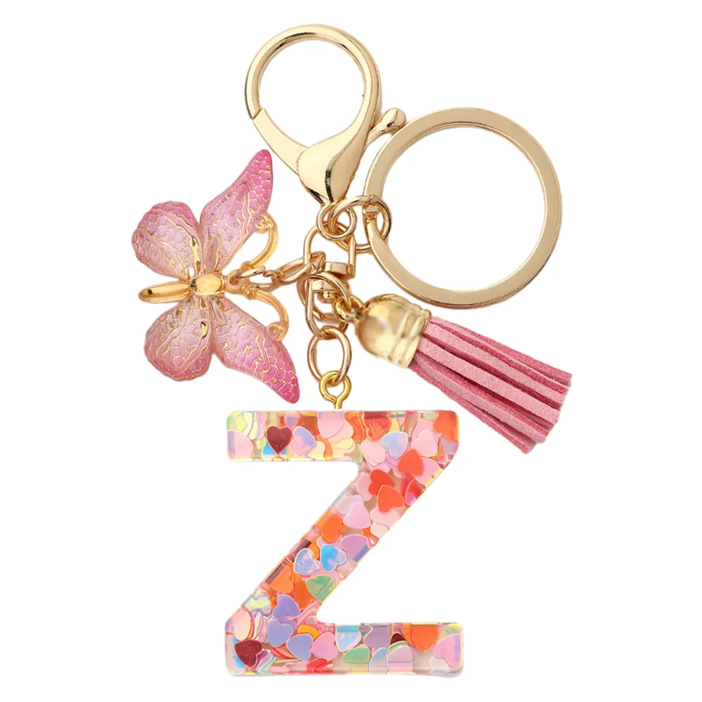 Resin Initial Letter Keychains Alphabet Letter Keychain Pink Tassel Butterfly Key Ring