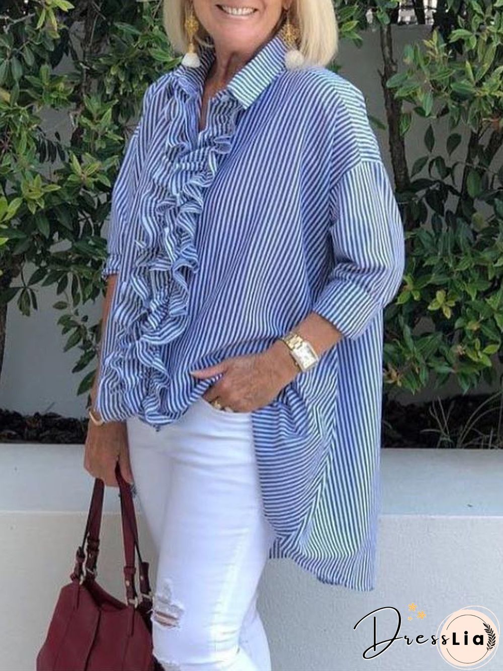 Stripe Women Temperament Long Sleeve Ruffle Trim Shirt