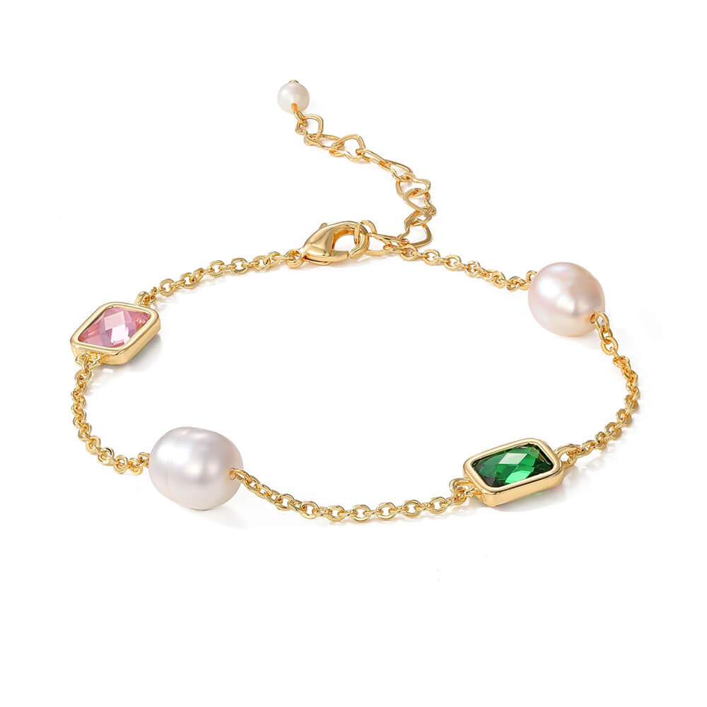 MIKAMU Gold Tiny Pearl Bracelet 18K Gold Plated Baroque Freshwater Pearl Bracelet for Women Girls Cubic Zirconia Adjustable Bracelet Dainty Gold Bracelet Gift for Her