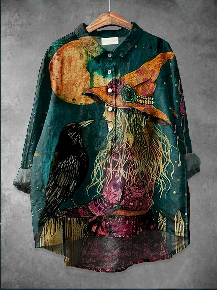 Halloween Witch  Art  Print Casual Cotton And Linen Shirt