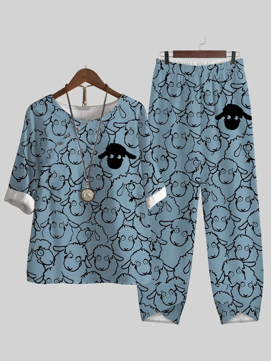 Lot Of Sheep Print Short-sleeved Top And Two-pocket Slacks Two-piece Suits