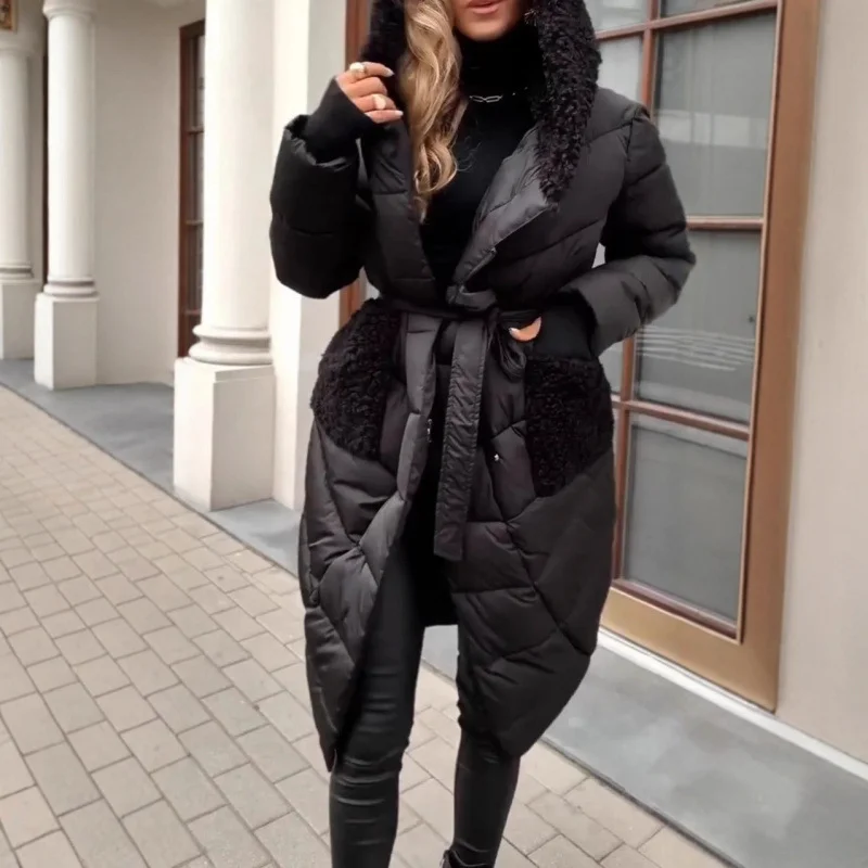 Nigikala Nigikala Hot Lamb Hair Splicing Cap Long Hooded Cotton Clothes