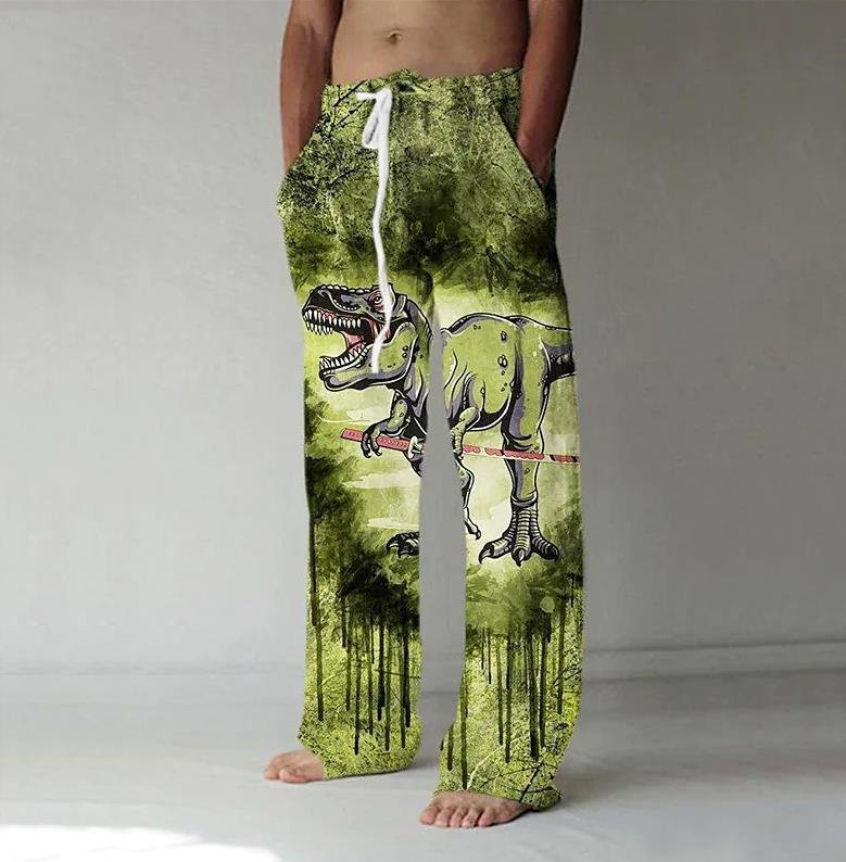 Loose Dinosaur Printed Pockets Elastic Waist Men's Pants-VESSFUL