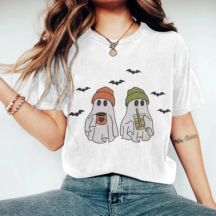 Spooky Ghosts With Coffee Halloween Embroidery Fall Printed Art Women's T-shirt